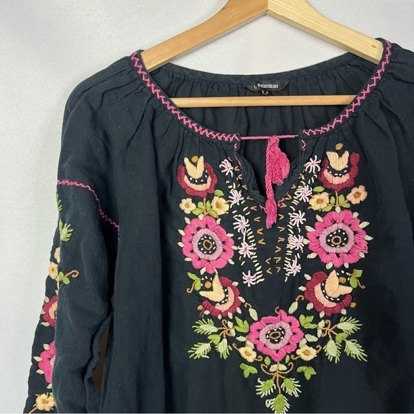 J Peterman Black Floral Embroidered Boho Long Sleeve Blouse S - Picture 3 of 5